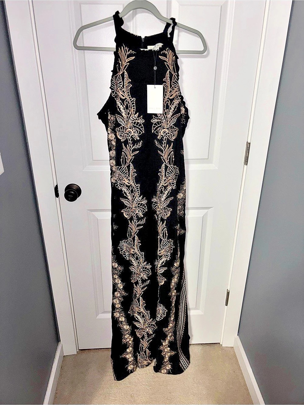 Halebob 2YNC6010 Floral Maxi Dress in Black & Gold Size Large NWT